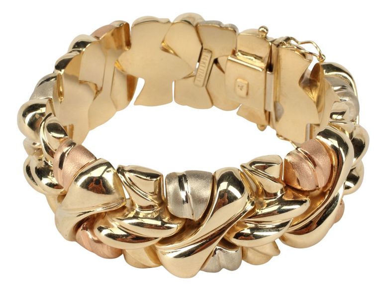 14k tricolored gold wide bangle bracelet
