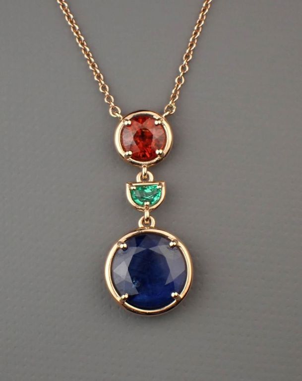 14k rose gold sapphire, spessartite and emerald necklace