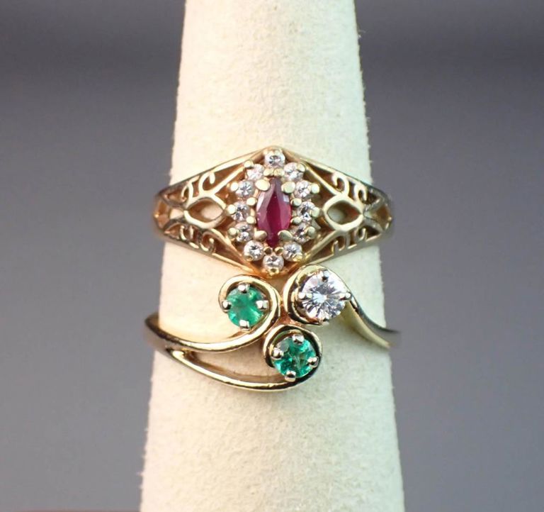 14k gold emerald, ruby and diamond rings
