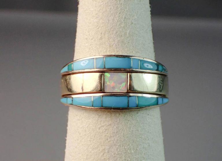 14k gold turquoise and opal flip ring