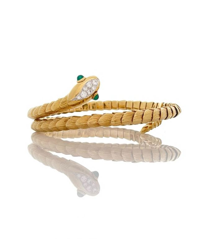 18k yellow gold diamond emerald snake bracelet