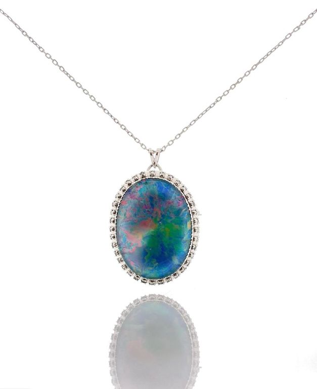 10k and 14k white gold opal doublet diamond necklace
