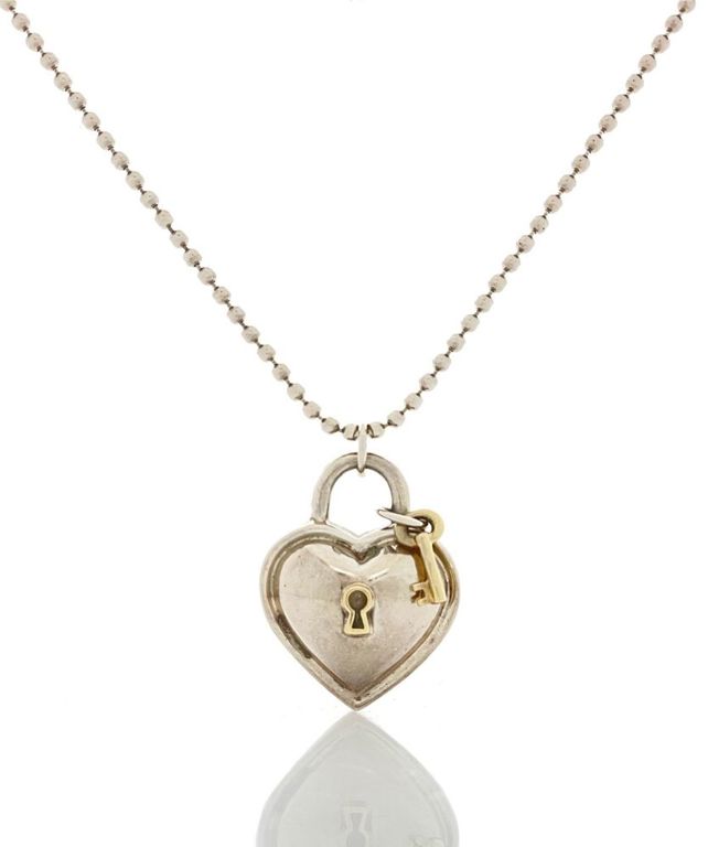 Sterling silver and 18k yellow gold key heart charm necklace
