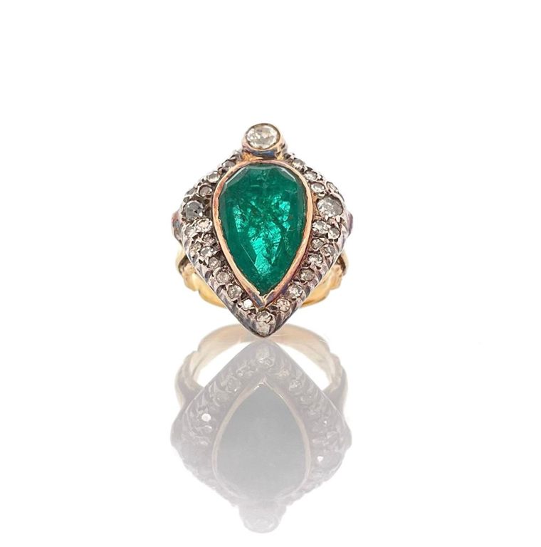 Vintage 14k yellow gold and sterling silver emerald diamond ring