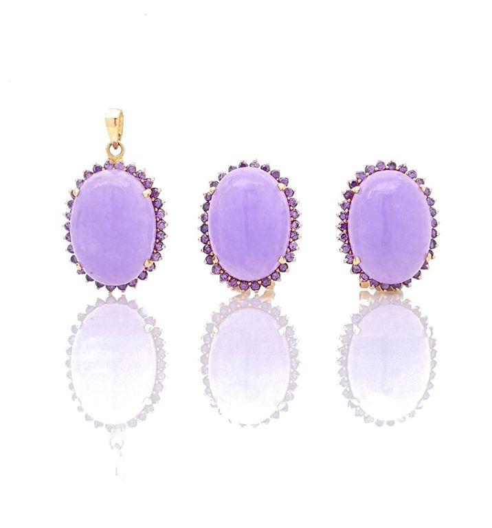 14k yellow gold lavender jade amethyst earring and pendant set