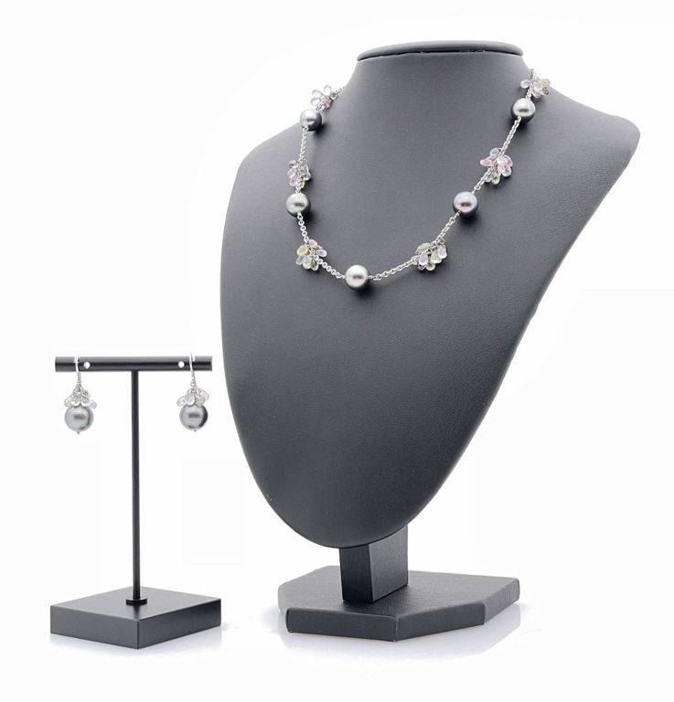 18k white gold multi-color sapphire black Tahitian pearl jewelry suite