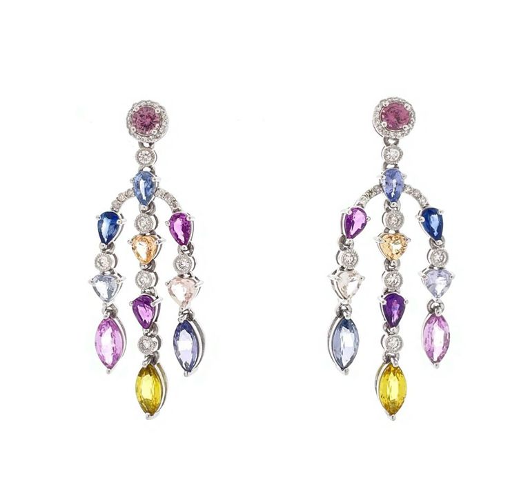Platinum multicolor sapphire diamond earrings
