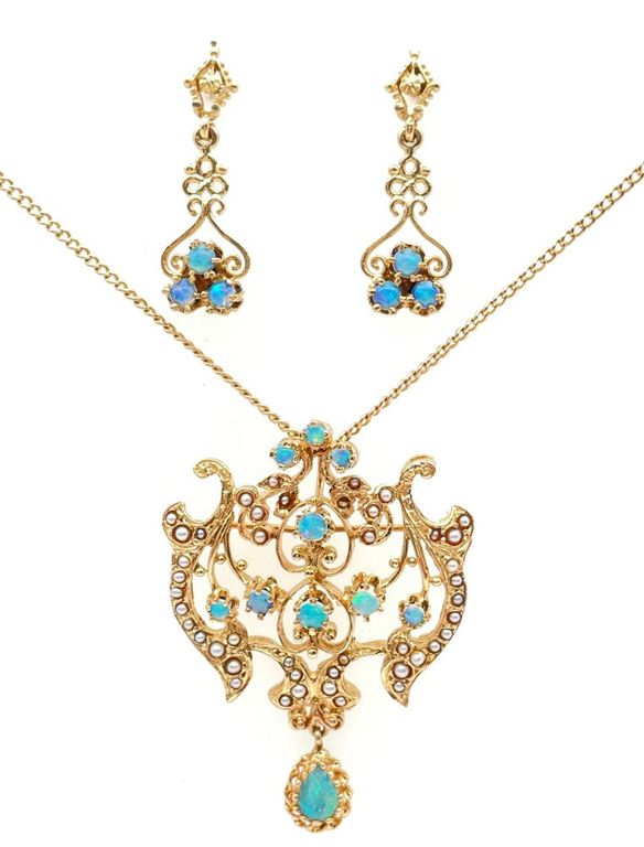 Vintage 14k yellow gold opal seed pearl jewelry suite