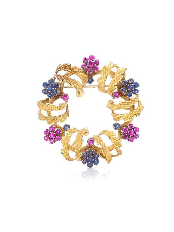 18k yellow gold ruby sapphire floral brooch