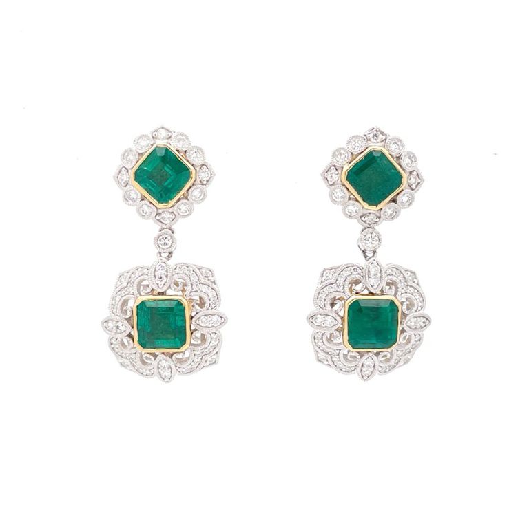 18k yellow gold and platinum emerald earrings