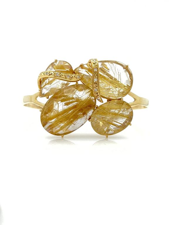 18k yellow gold rutilated quartz diamond cuff