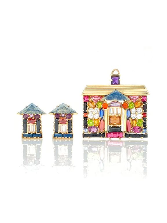 14k yellow gold gemstone pendant brooch earrings set