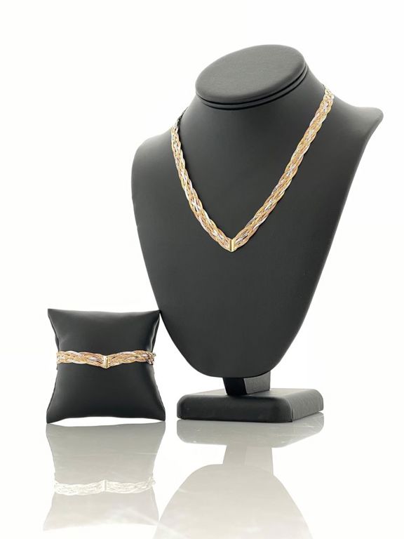 14k tri-color gold herringbone necklace and bracelet set