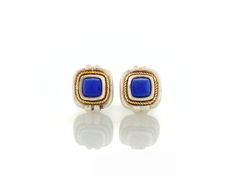 Vintage 18k yellow gold and sterling silver lapis lazuli earrings