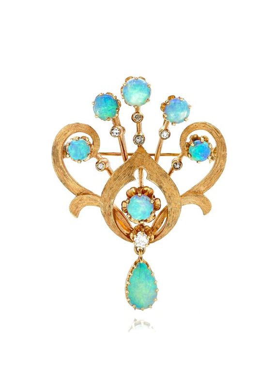 14k yellow gold white opal and diamond brooch pendant
