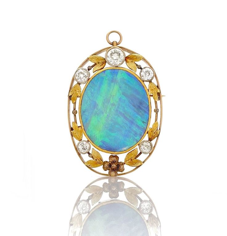 14k yellow gold opal and diamond floral pendant brooch