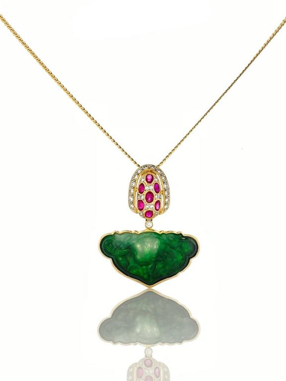 18k yellow gold ruby, diamond and jadeite pendant necklace