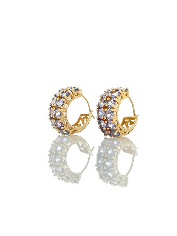 14k yellow gold tanzanite semi hoop earrings