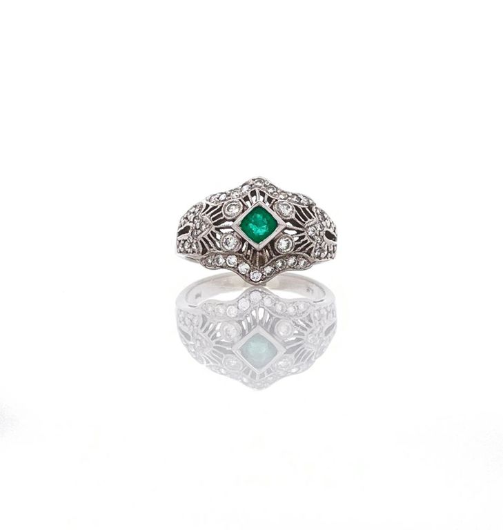 14k white gold diamond emerald ring