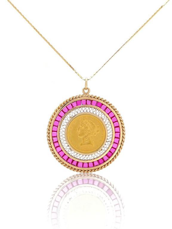 14k yellow gold Coronet Head pink sapphire pendant necklace
