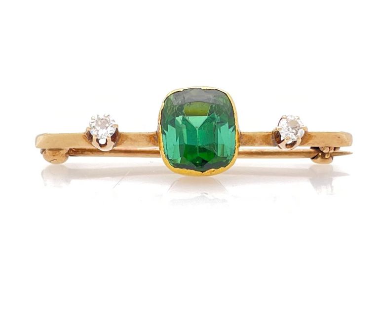 14k yellow gold green tourmaline and diamond brooch