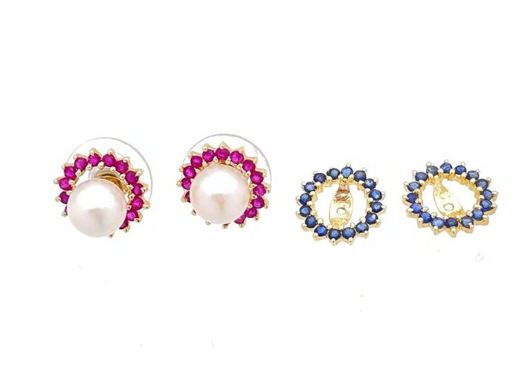 14k yellow gold pearl, ruby and sapphire jacket earrings