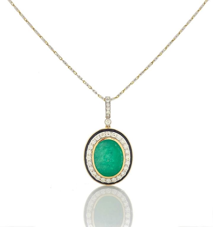 18k two-tone gold emerald and diamond pendant necklace