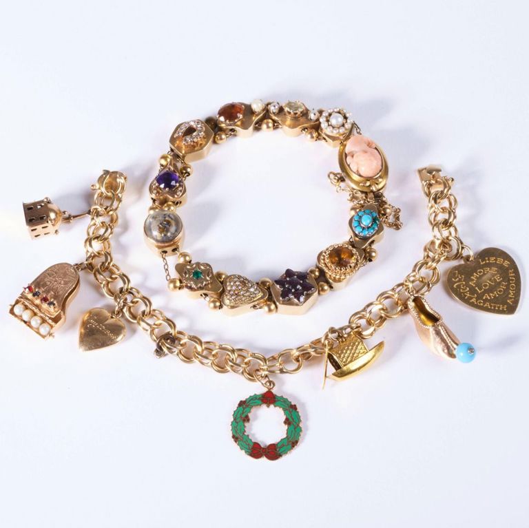 Cameo 14k gold charm stones bracelet