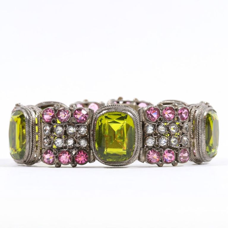 Silver green glass and rhinestone crystal bracelet