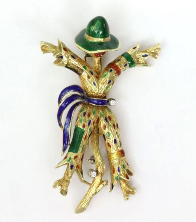 Large 18k enameled scarecrow clip brooch