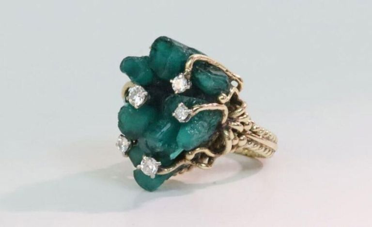 14k brutalist emerald and diamond ring