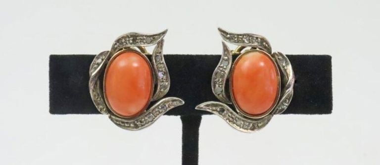 14k gold coral and diamond ear clips