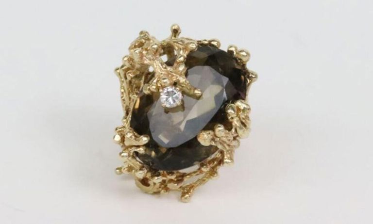 14k gold smoky quartz and diamond ring