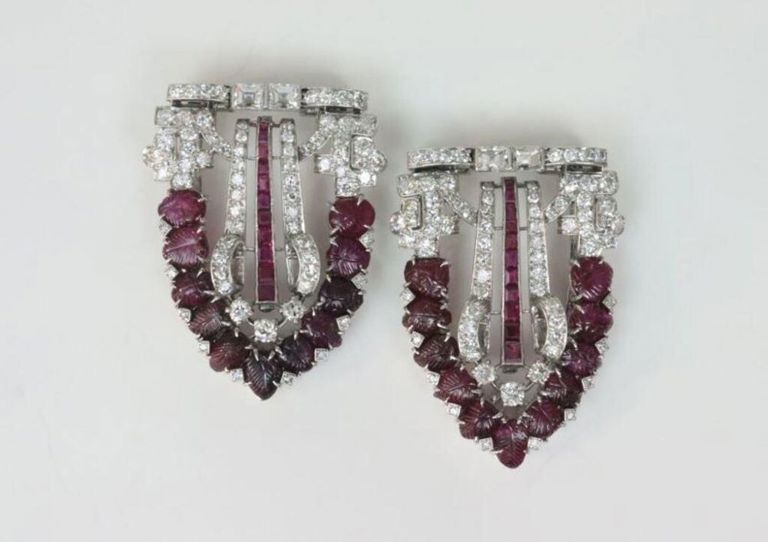 Pair platinum ruby and diamond dress clips
