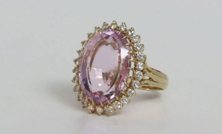 14k yellow gold kunzite and diamond halo ring