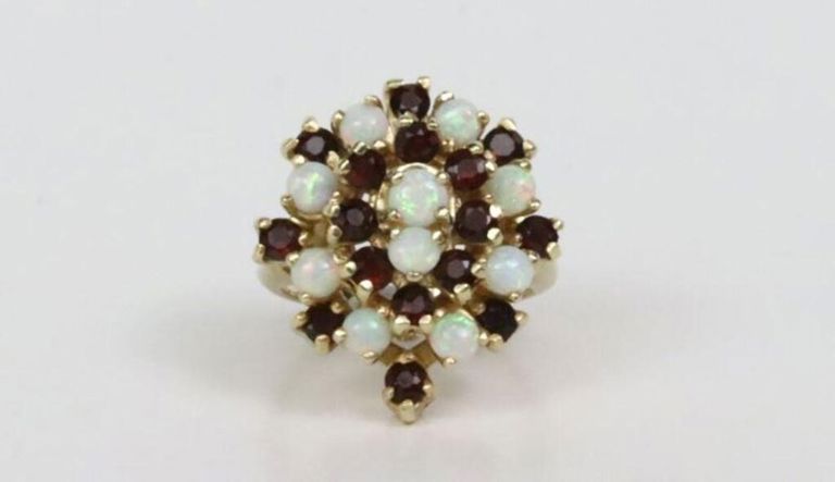 14k yellow gold opal and garnet cluster ring
