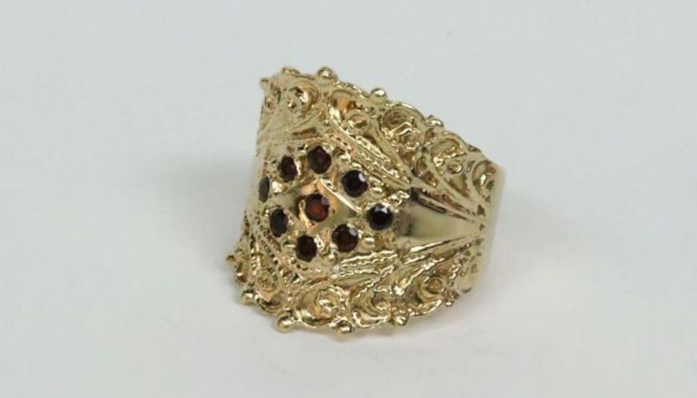 14k yellow gold garnet wide band ring