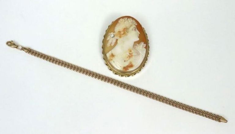 14k gold bracelet and shell cameo brooch pendant