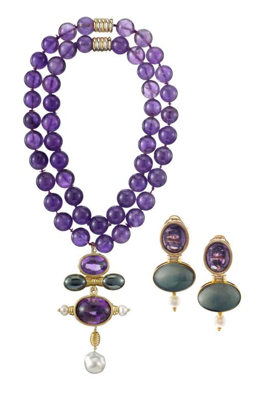 14k gold amethyst hematite and pearl jewelry suite