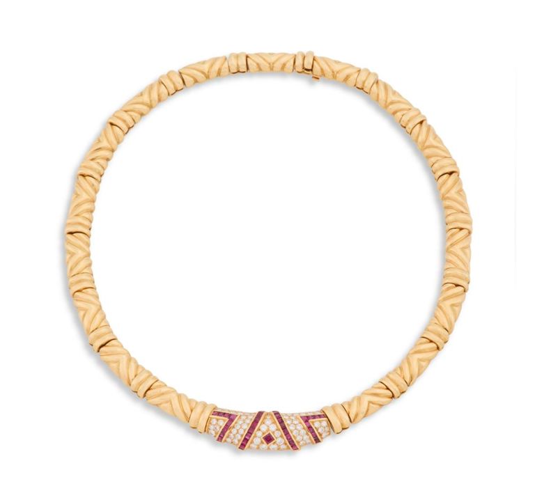 18k yellow gold diamond and ruby necklace