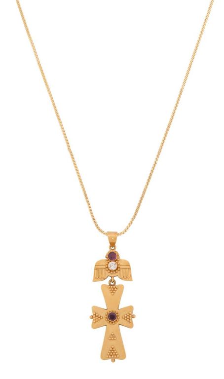 22k yellow gold ruby and diamond cross with chain
