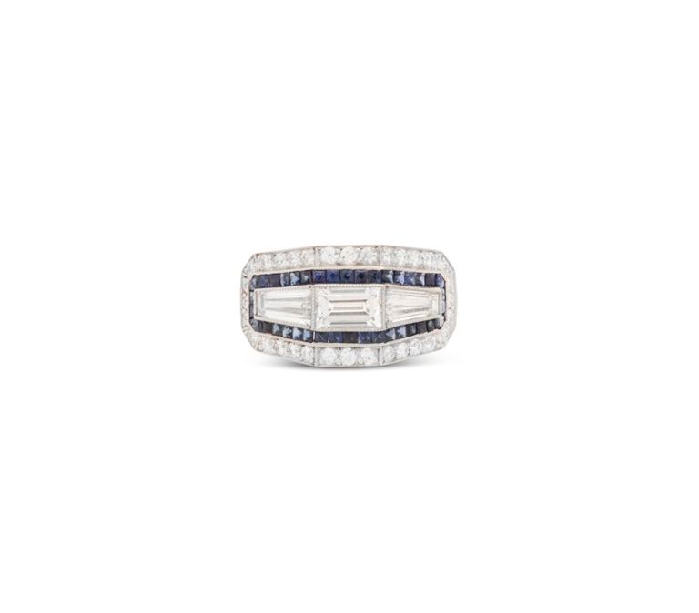 Platinum diamond and sapphire ring
