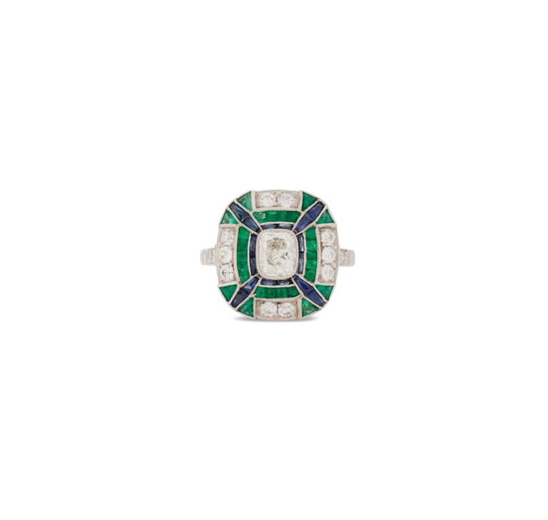 Platinum diamond, emerald and sapphire ring