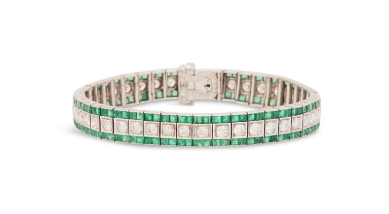 Platinum diamond and emerald bracelet