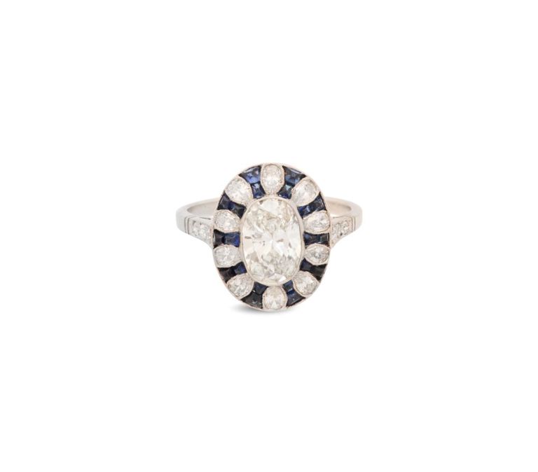 Platinum diamond and sapphire ring
