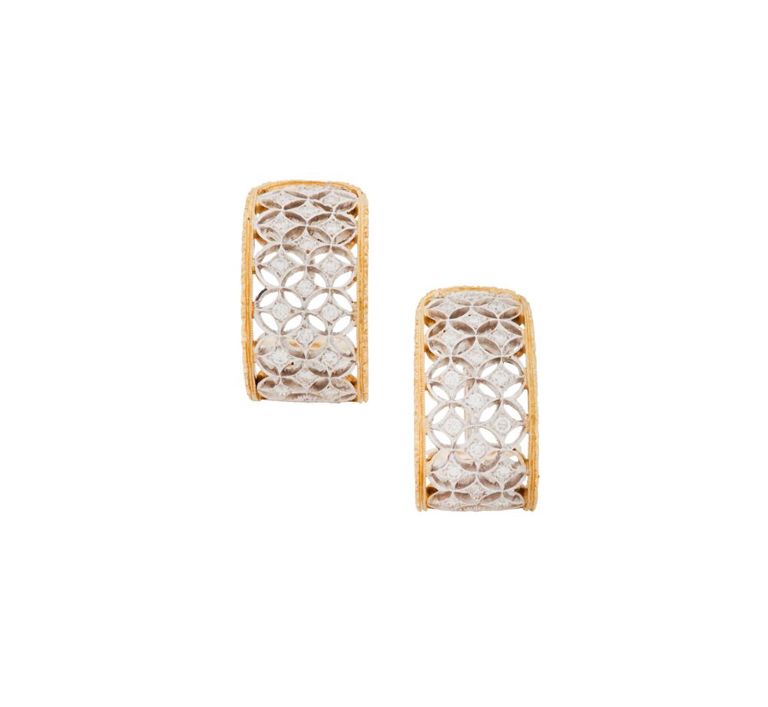 18k white gold and yellow gold half hoop diamond earrings