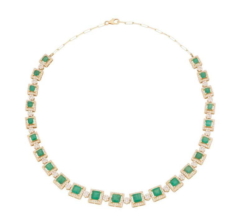 18k yellow gold emerald and diamond necklace