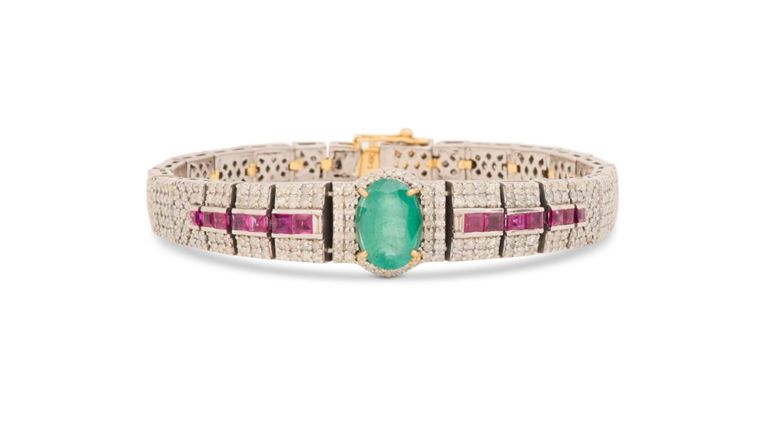 14k yellow gold and sterling silver emerald bracelet