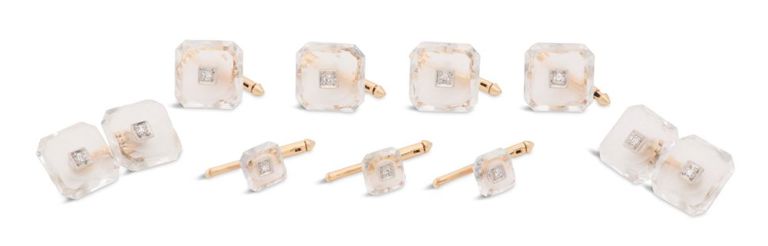 14k gold rock crystal and diamond white tie set