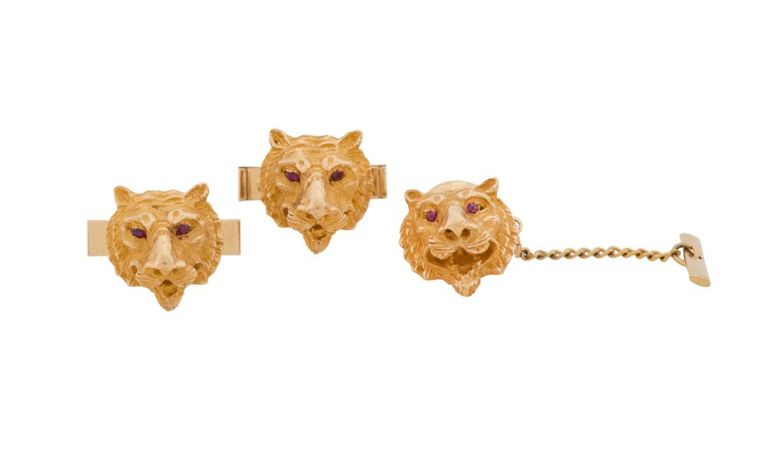 14k gold ruby lion cufflinks and tie tack